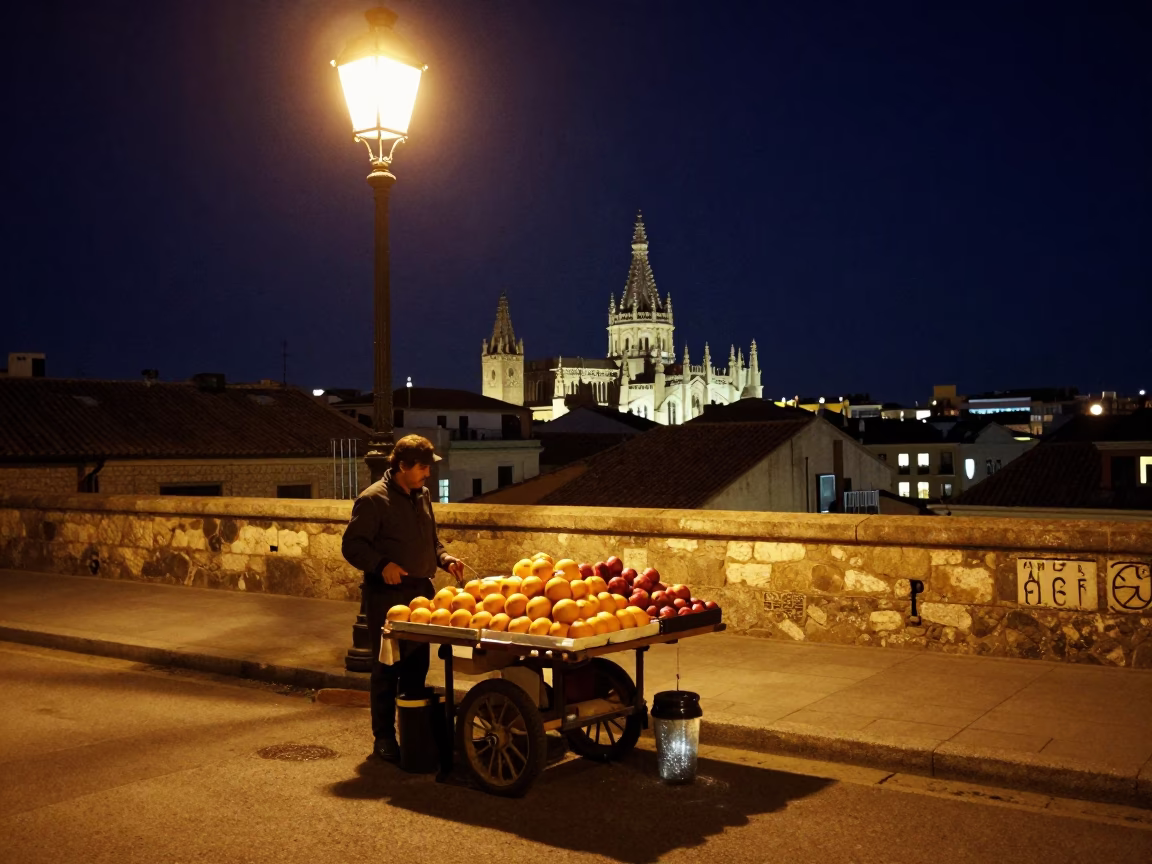 Nighttime Barcelona Street Scene with Fruit Vendor and Water Taxi in Background in in Barcelona, Spain