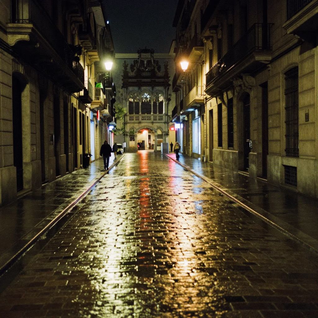 Nighttime Barcelona Street Scene with Neon Reflections and Urban Architecture in in Barcelona, Spain