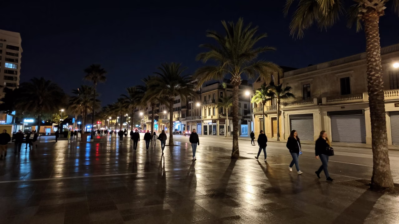 Nighttime Barcelona Street Scene with Palm Trees and Urban Activity in in Barcelona, Spain