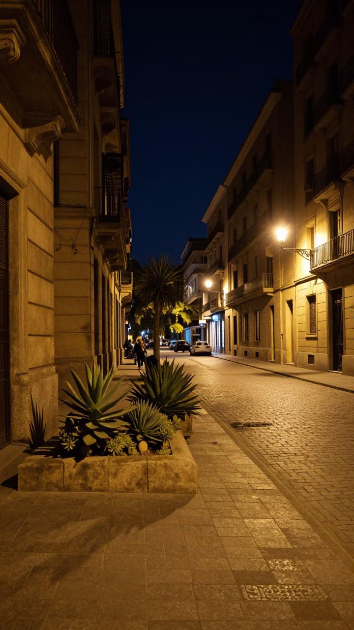 Nighttime Barcelona Street Scene with Succulents and Urban Details Under Dark Sky in in Barcelona, Spain