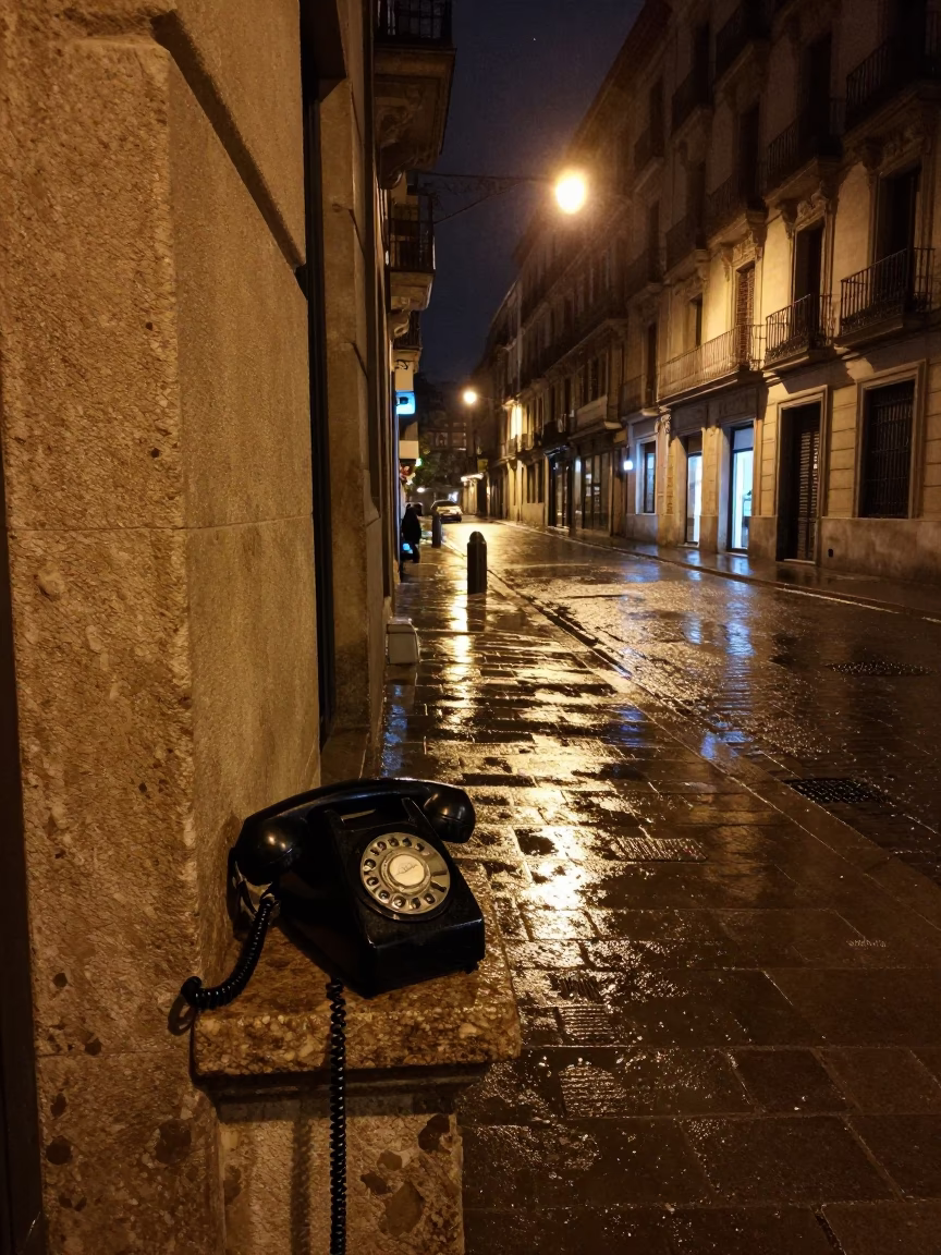 Nighttime Barcelona Street Scene with Vintage Telephone and Rain-Slicked Cobblestones in in Barcelona, Spain