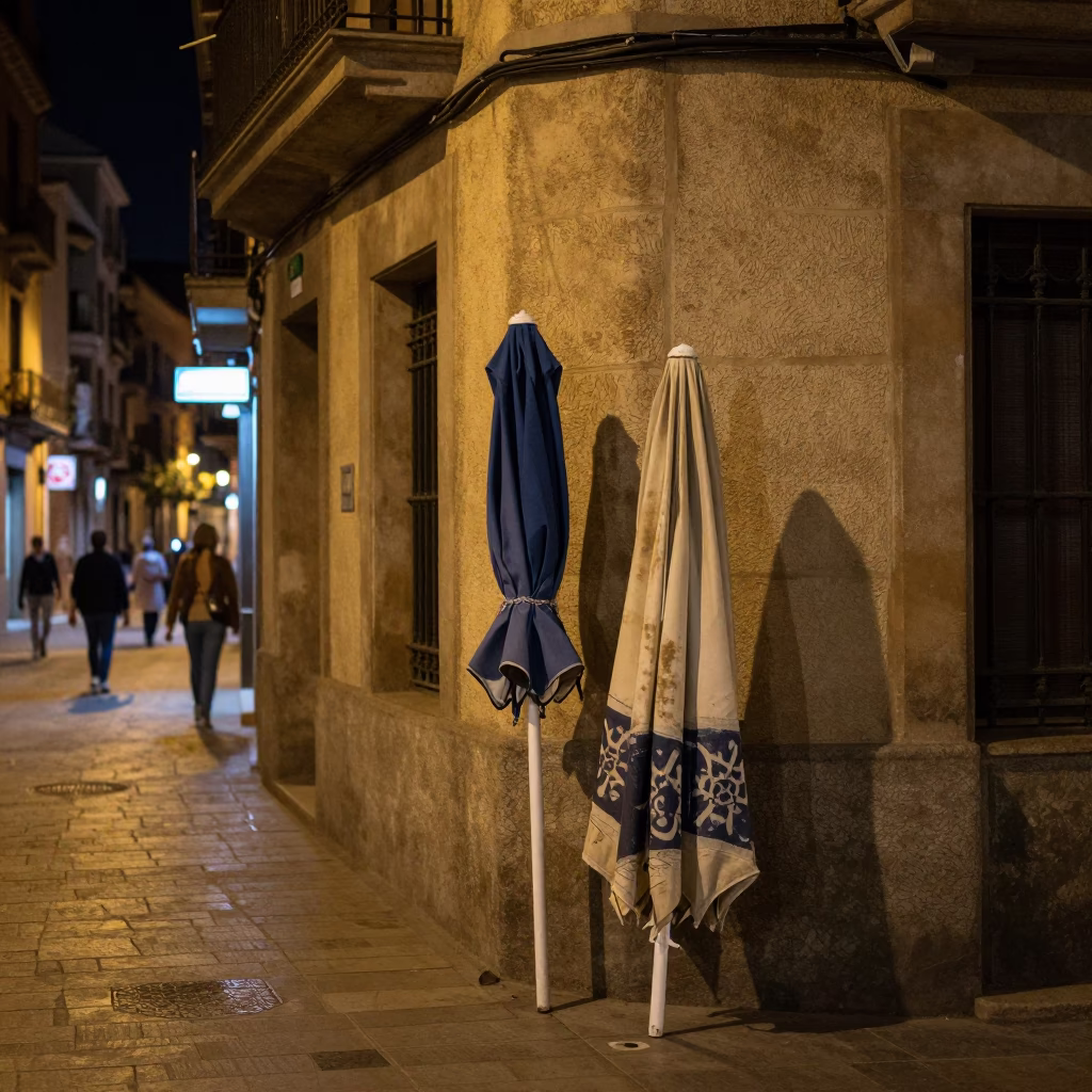 Nighttime Barcelona Street Scene with Vintage Umbrellas and Local Architecture in in Barcelona, Spain