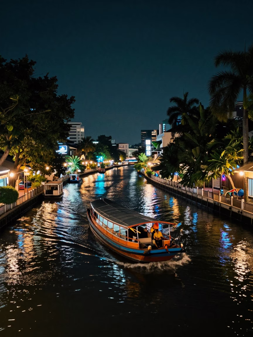 Nighttime Barge Navigation on Bangkok Tree-Lined Canal Under Neon Streetlights in in Bangkok, Thailand