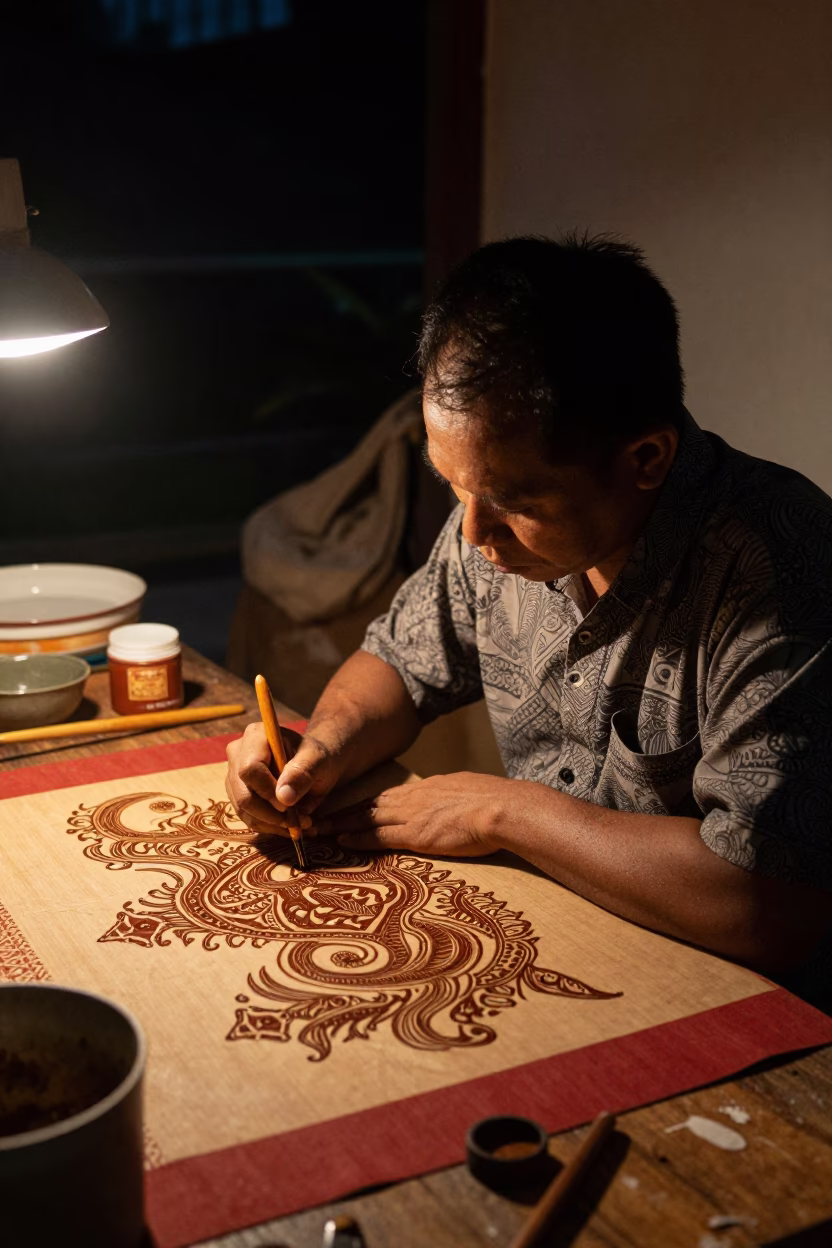 Nighttime Batik Workshop in Yogyakarta Indonesia with Wax Tjanting Tool and Drying Textiles in in Yogyakarta, Indonesia