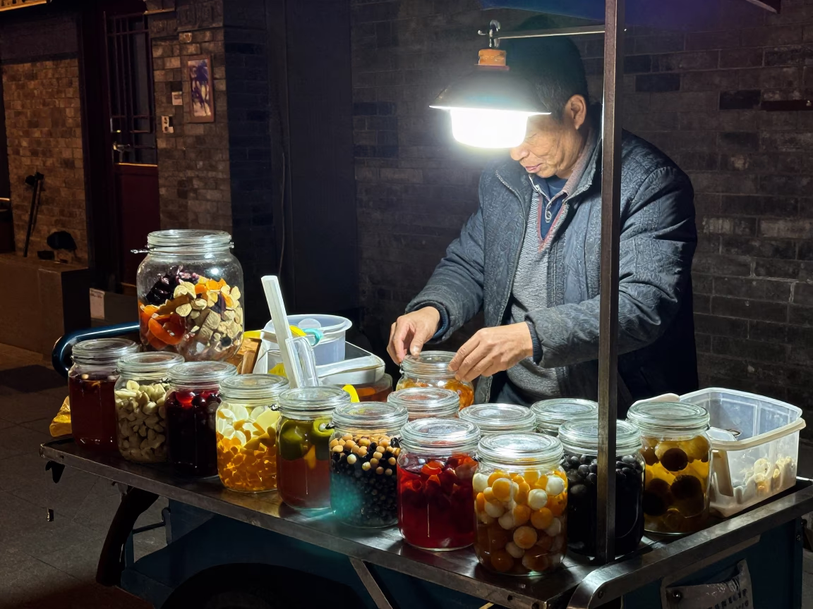Nighttime Beijing Street Vendor Scene with Glass Jar and Brush Bristles in in Beijing, China