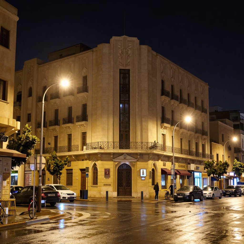 Nighttime Beirut Street Scene with Art Deco Facade and Local Commerce in in Beirut, Lebanon