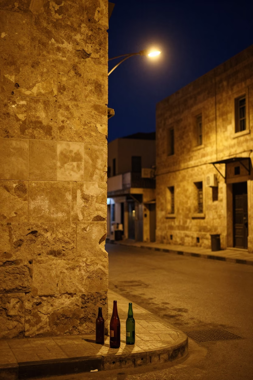 Nighttime Beirut Street Scene with Colored Glass Bottle and Urban Architecture in in Beirut, Lebanon