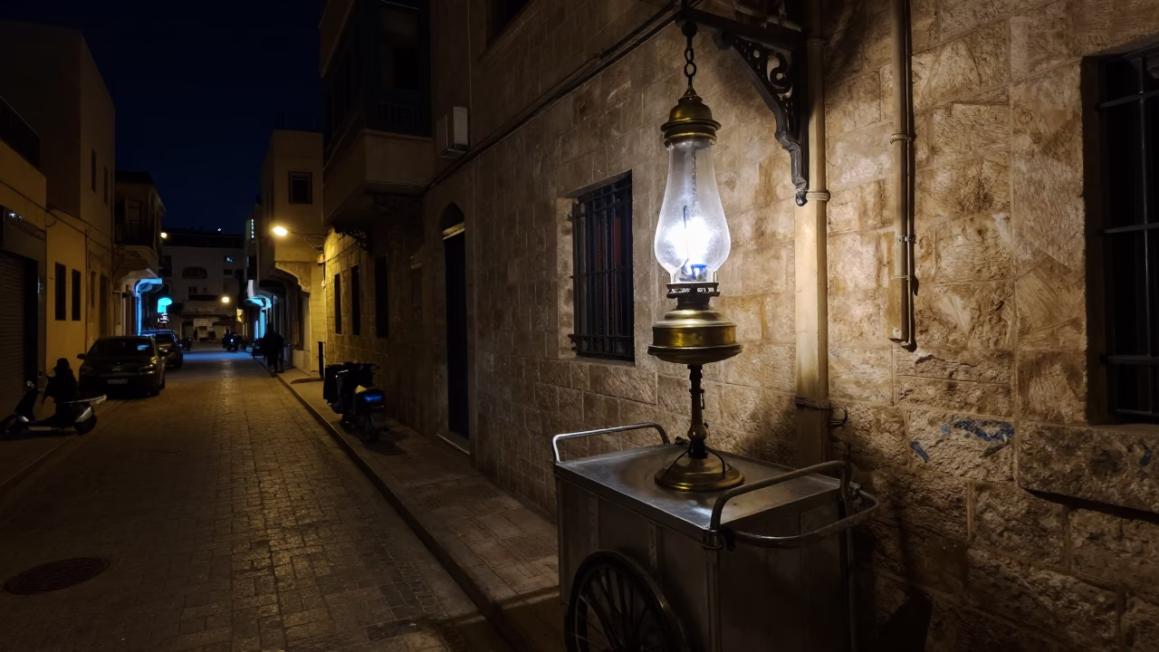 Nighttime Beirut Street Scene with Hurricane Lamp and Traditional Coffee Service in in Beirut, Lebanon