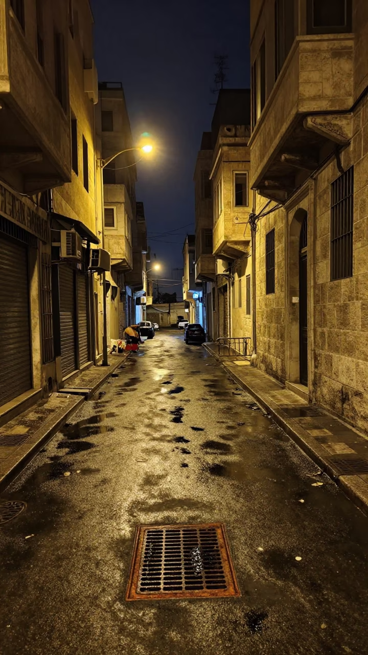 Nighttime Beirut Street Scene with Rusty Drain and Water Tower Ladder in Deep Night in in Beirut, Lebanon