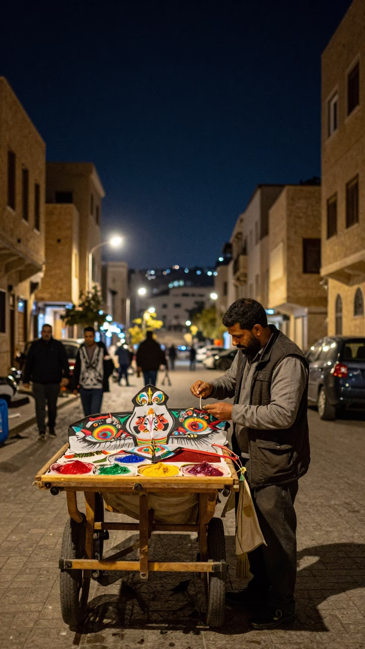 Nighttime Beirut Street Scene with Traditional Kite Making and Local Interaction in in Beirut, Lebanon