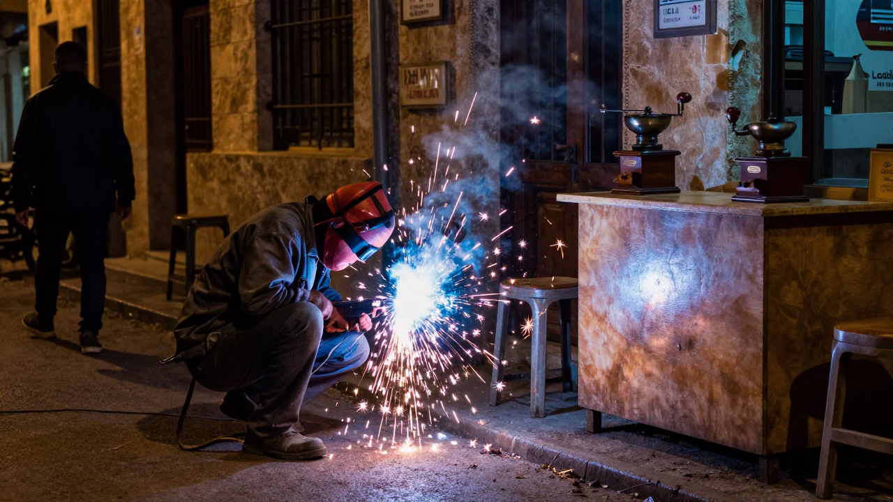 Nighttime Beirut Street Scene with Welding Sparks and Vintage Coffee Grinder in in Beirut, Lebanon
