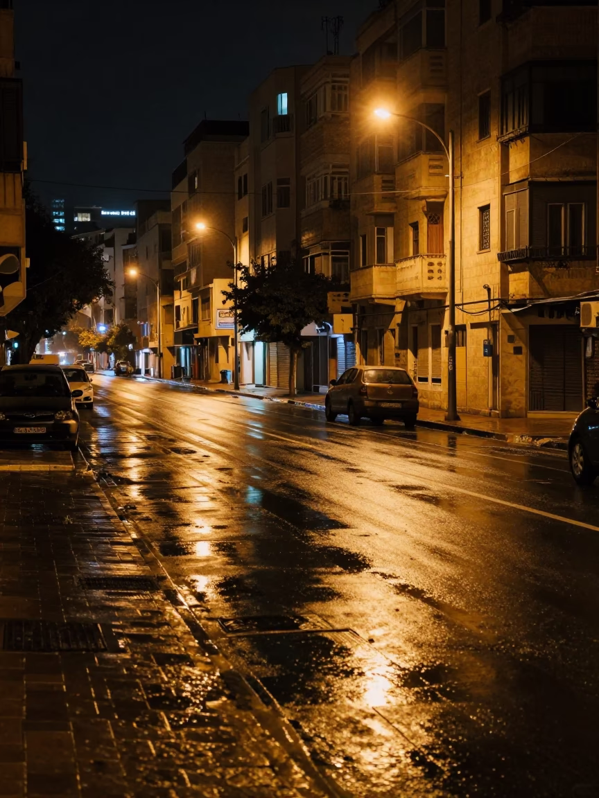 Nighttime Beirut Street Scene with Wet Pavement Reflections and Distant City Lights in in Beirut, Lebanon
