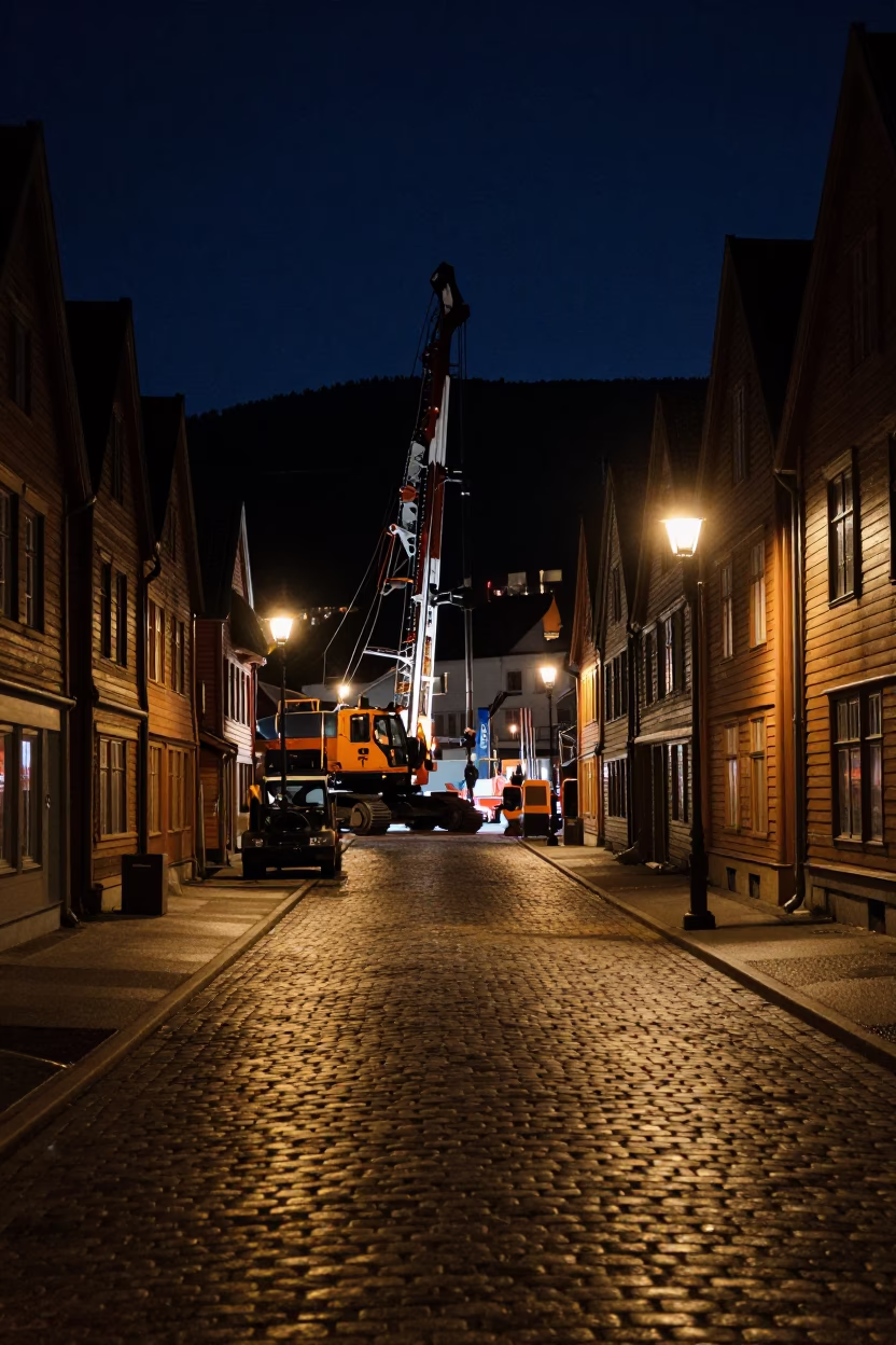 Nighttime Bergen Norway Cobblestone Street with Pile Driver Construction Site and Brass Fixtures in in Bergen, Norway