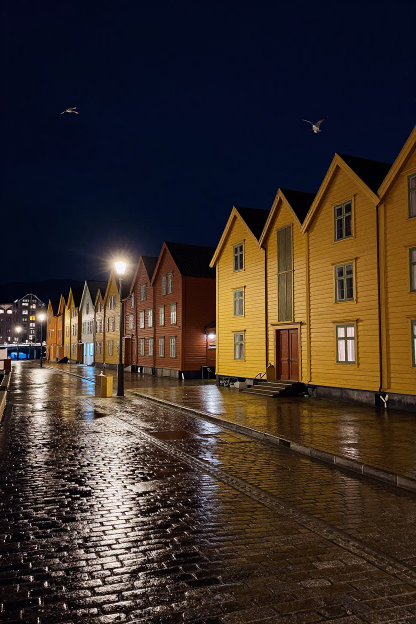 Nighttime Bergen Norway Harbor Street Scene with Lantern and Seagulls in in Bergen, Norway