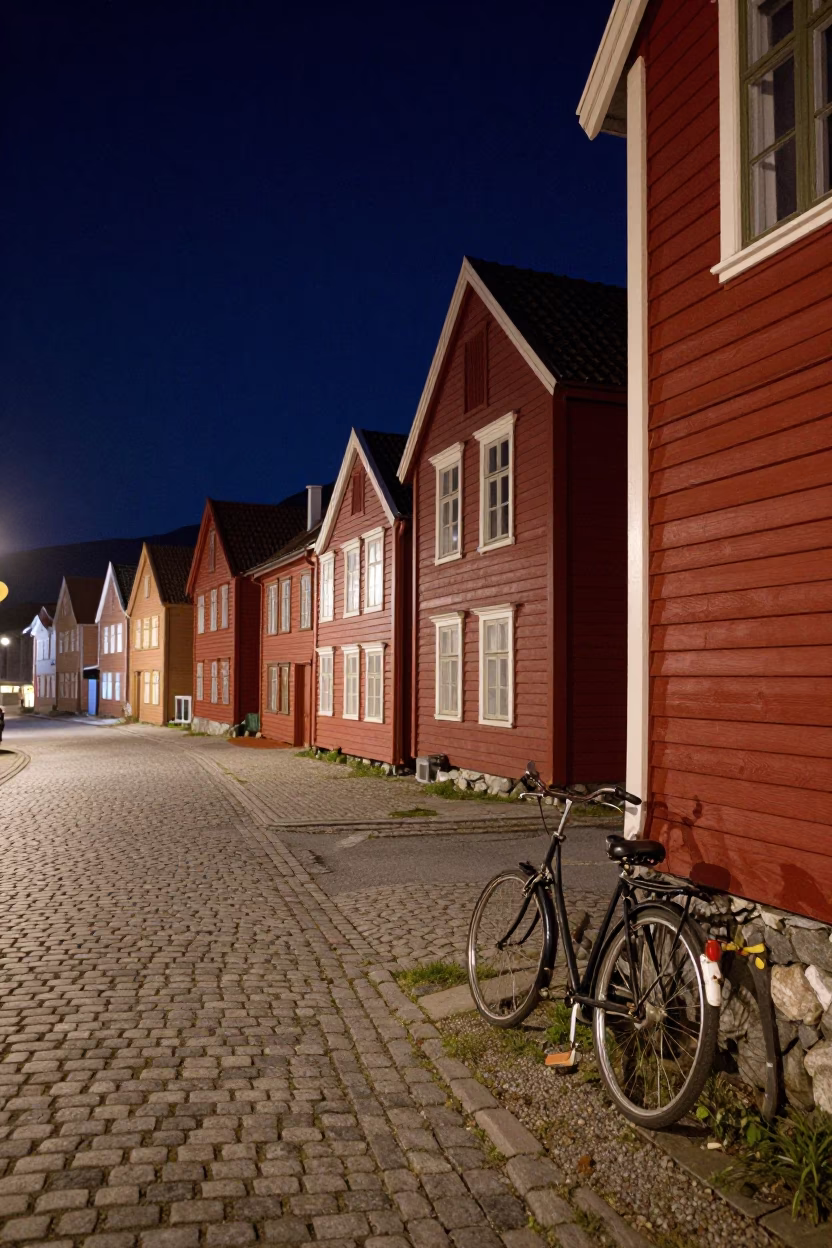 Nighttime Bergen Norway Harbor Street Scene with Vintage Bicycle and Brick Architecture in in Bergen, Norway