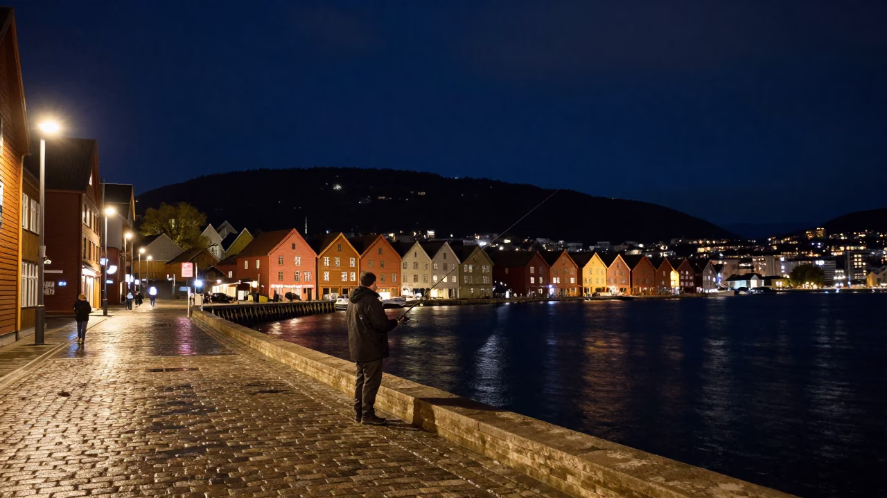 Nighttime Bergen Norway Street Scene with Fisherman Casting Line Under Deep Sky in in Bergen, Norway