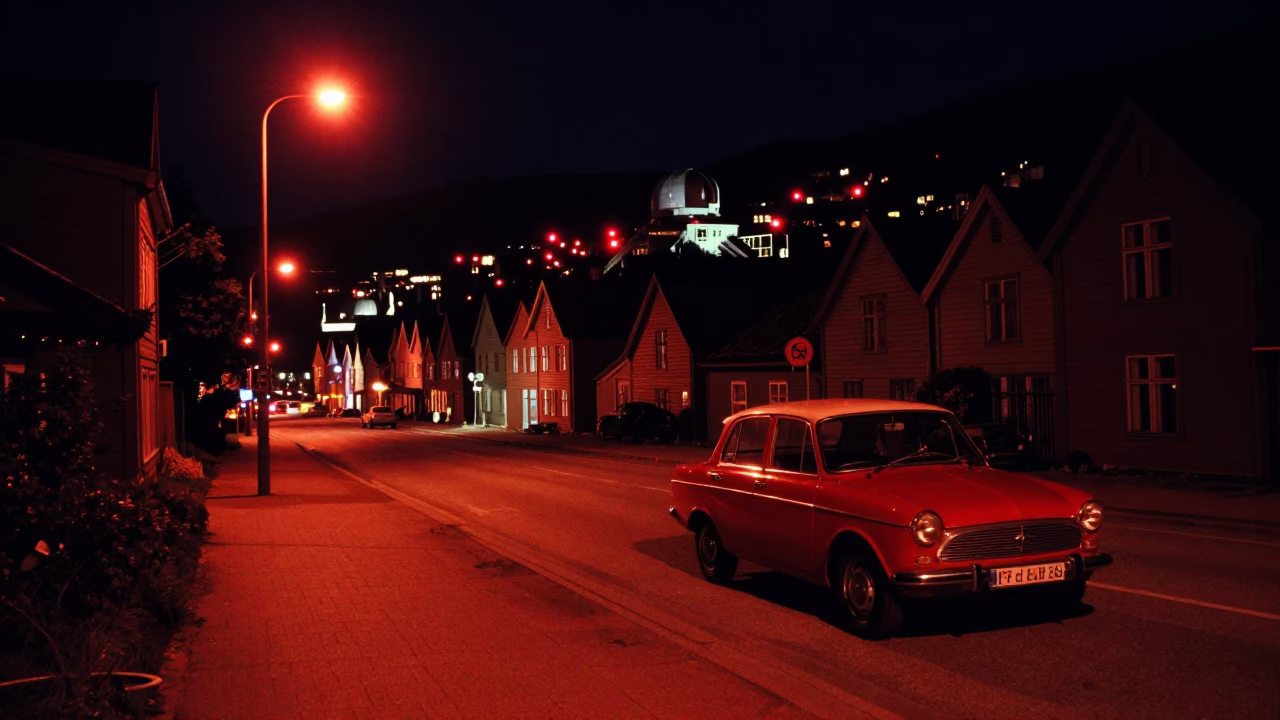 Nighttime Bergen Norway street scene with vintage car and red observatory lights in in Bergen, Norway