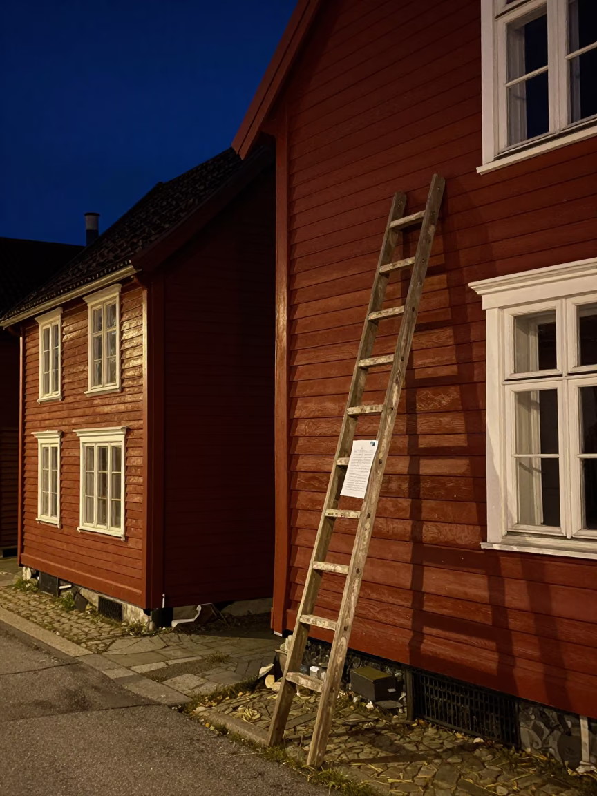 Nighttime Bergen Norway Street Scene with Wooden Ladder and Paper Lanterns in in Bergen, Norway