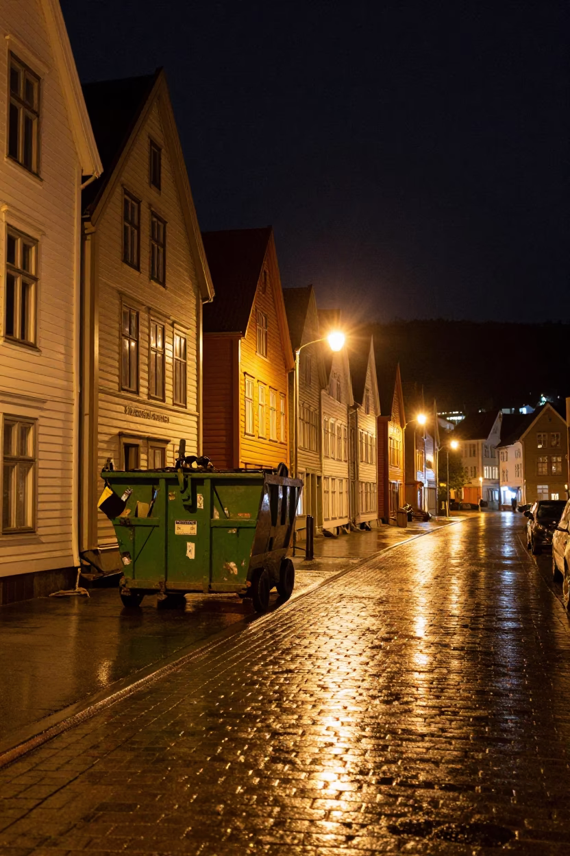 Nighttime Bergen Street Scene with Demolition Dumpster and Wet Cobblestones in in Bergen, Norway