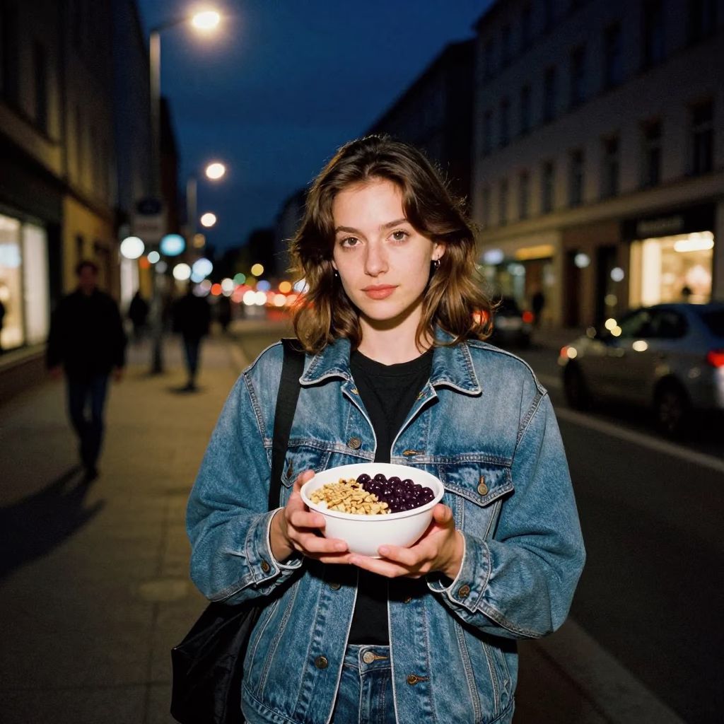 Nighttime Berlin Street Scene with Acai Bowl and Granola Under Deep Sky in in Berlin, Germany