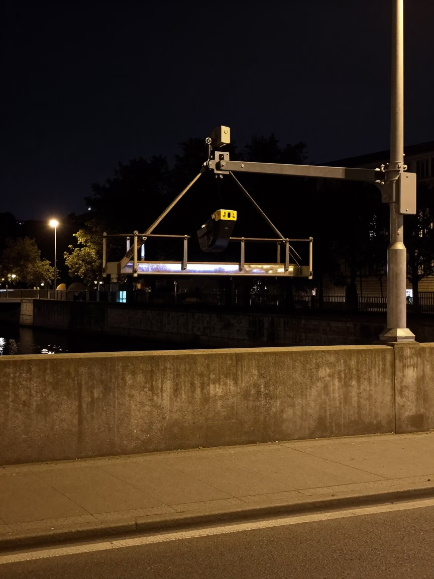Nighttime Berlin Street Scene with Bridge Maintenance Cradle Over Green River Water in in Berlin, Germany