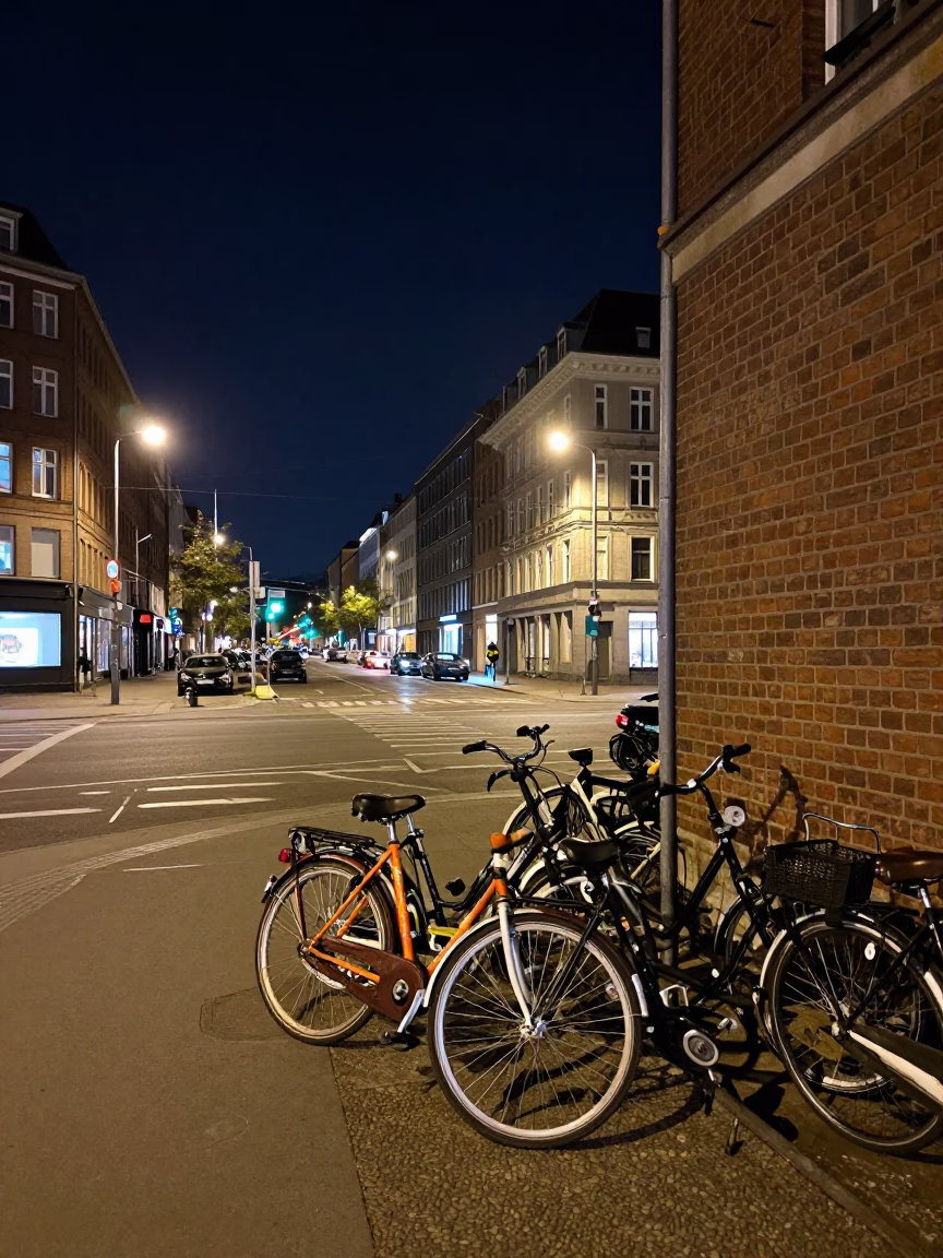 Nighttime Berlin Street Scene with Colorful Bicycles and Urban Architecture in in Berlin, Germany