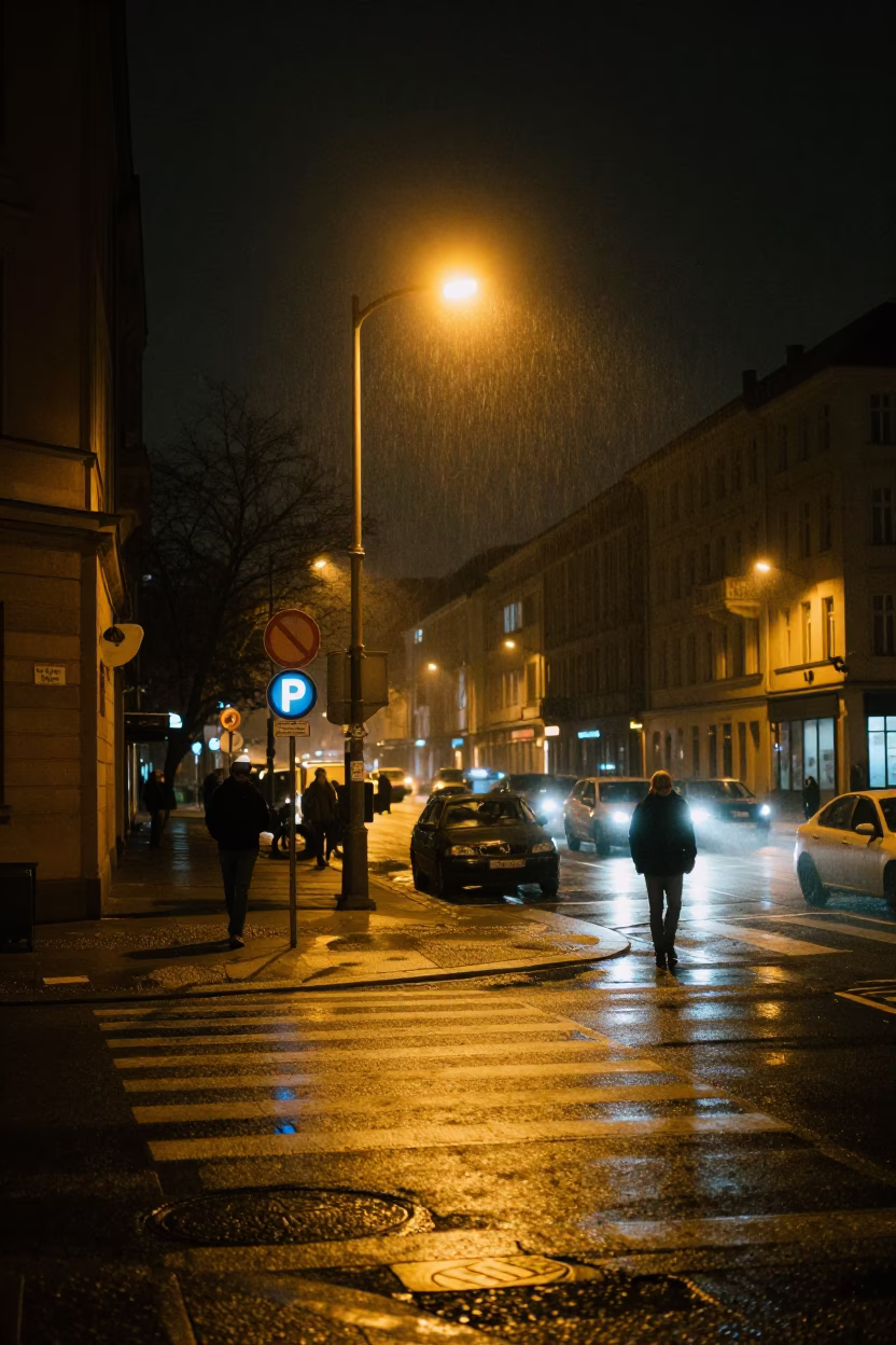 Nighttime Berlin Street Scene with Condensation and Urban Details in 1980s Germany in in Berlin, Germany
