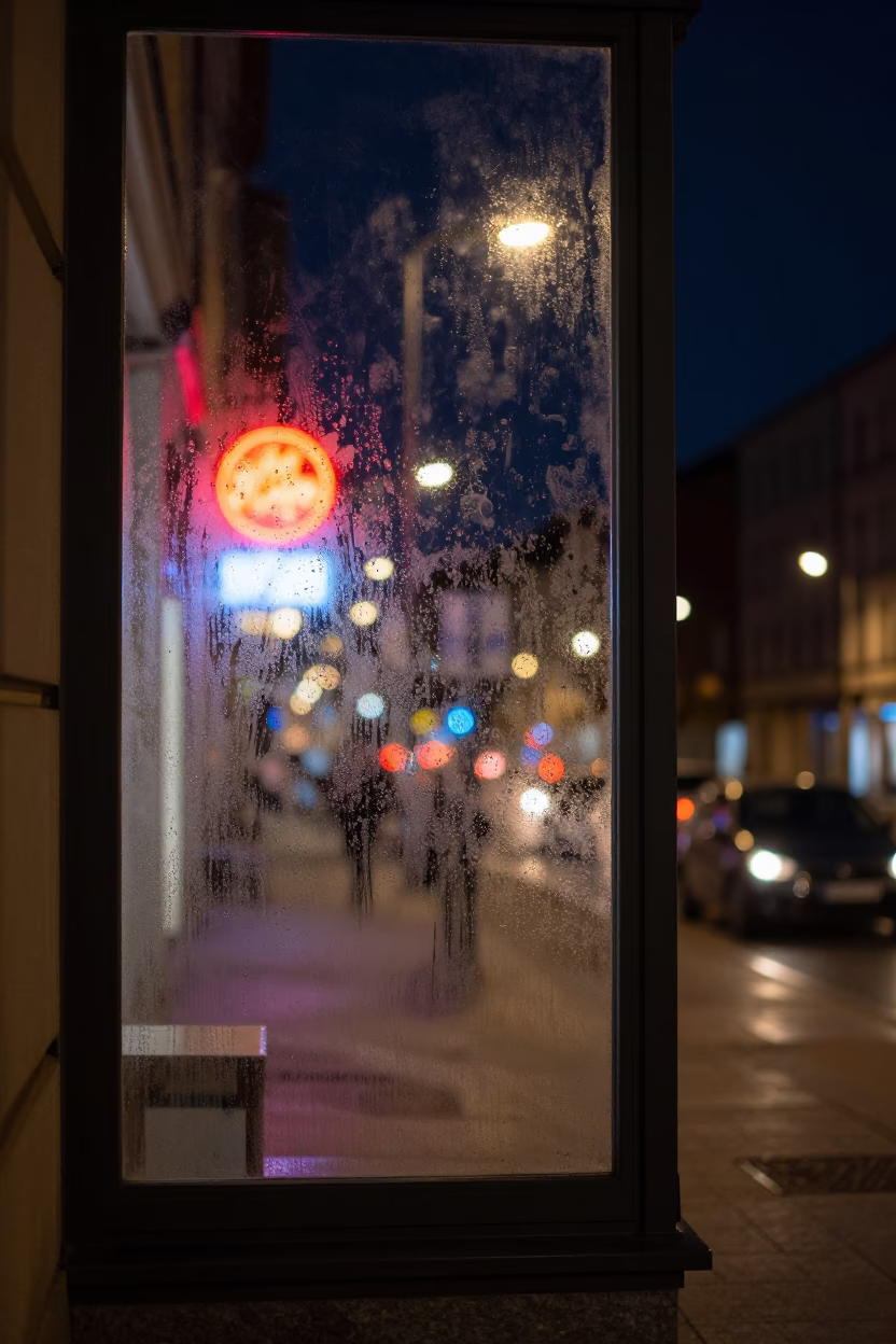 Nighttime Berlin Street Scene with Condensation on Window Glass and Urban Details in in Berlin, Germany