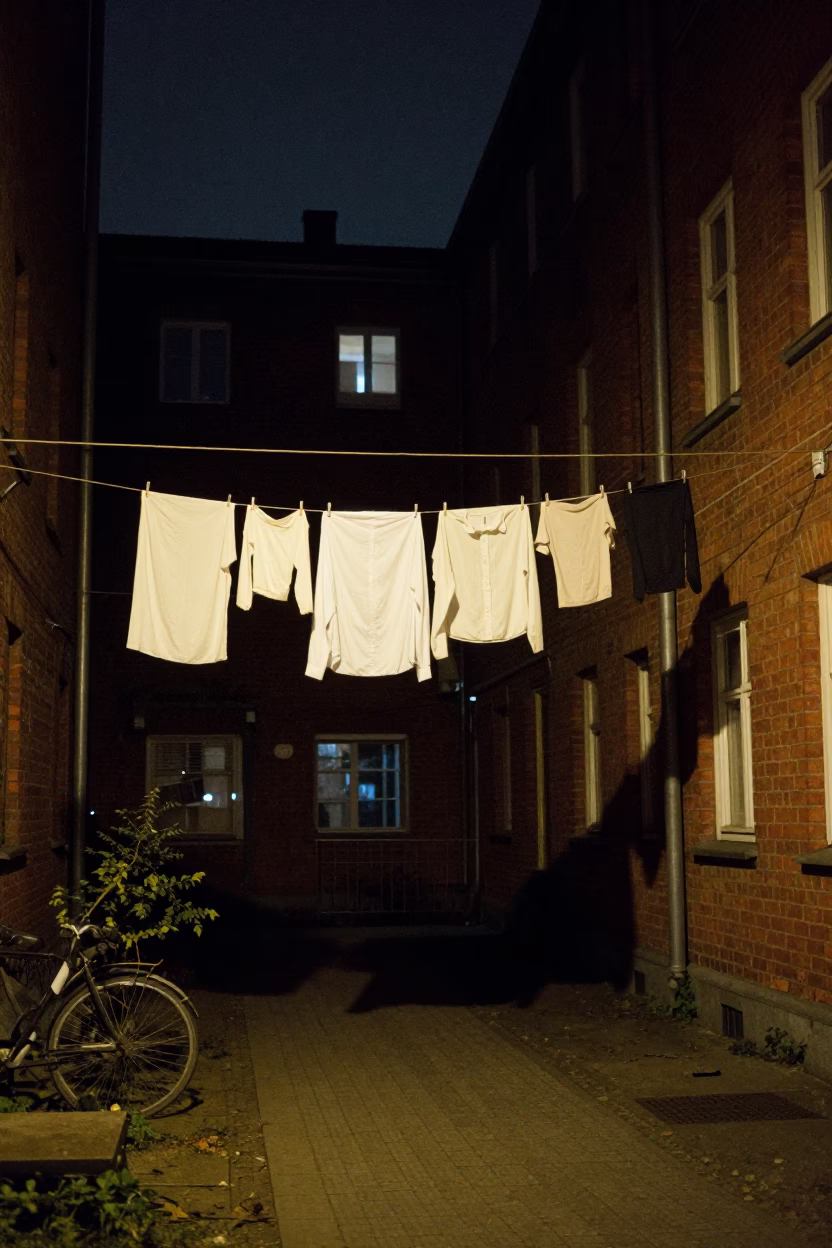 Nighttime Berlin Street Scene with Hanging Laundry Under Deep Blue Sky in in Berlin, Germany