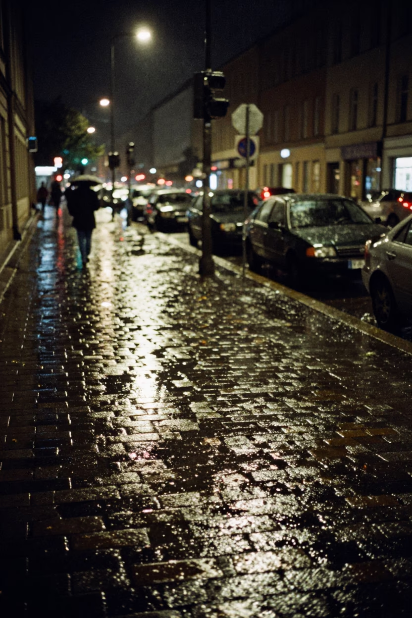 Nighttime Berlin Street Scene with Rain Puddles and Vintage Car Reflections in in Berlin, Germany