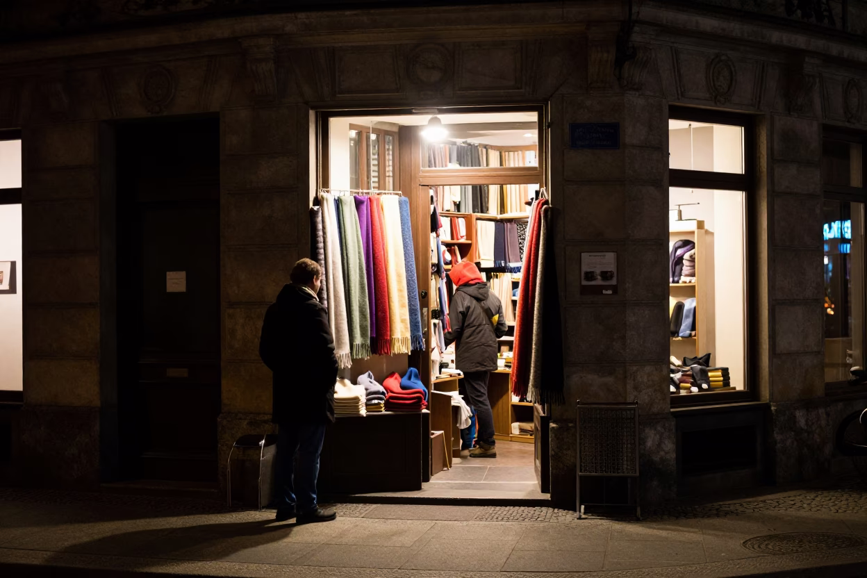 Nighttime Berlin Street Scene with Shopkeeper and Wool Scarves Under Deep Sky in in Berlin, Germany