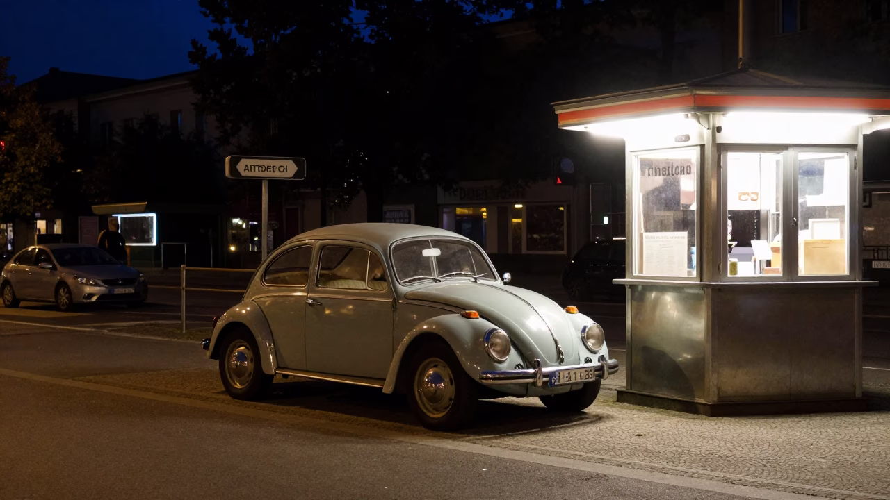 Nighttime Berlin Street Scene with Vintage Car and Local Interaction in in Berlin, Germany