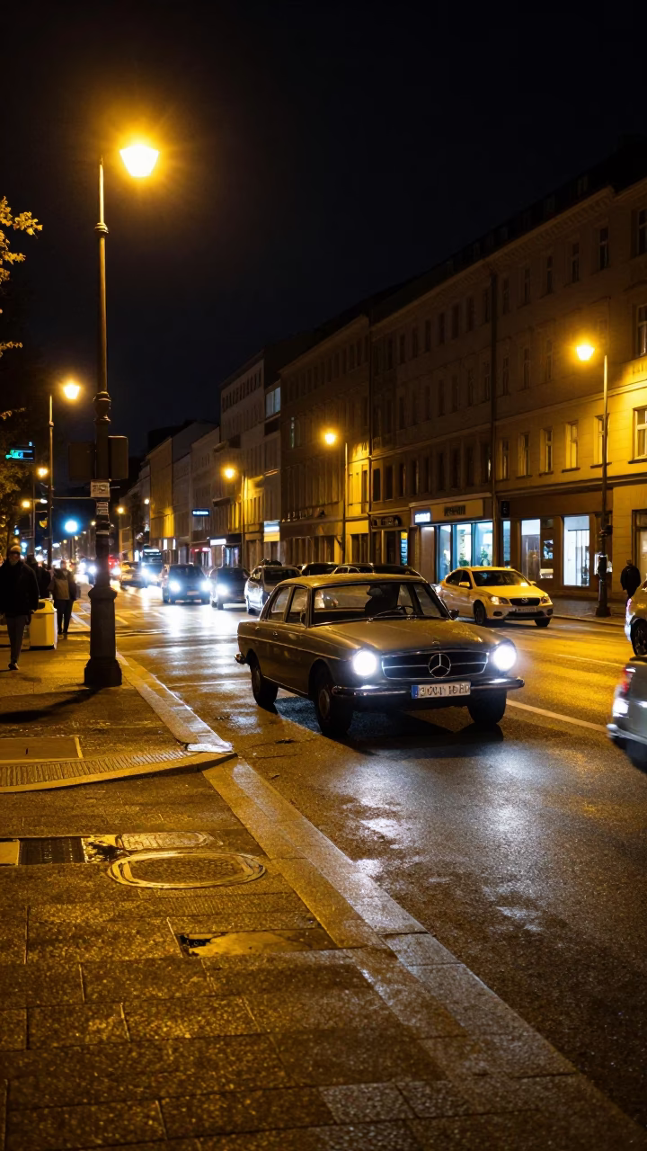 Nighttime Berlin Street Scene with Vintage Car and Wet Pavement Reflections in in Berlin, Germany