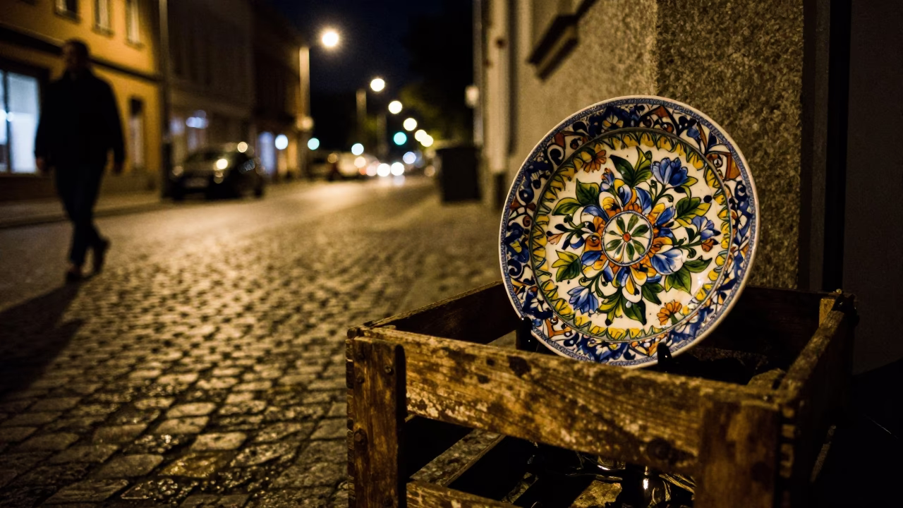Nighttime Berlin Street Scene with Vintage Majolica Plate and Crate in in Berlin, Germany