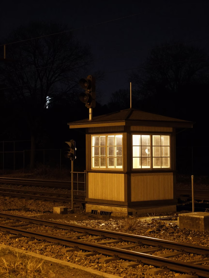 Nighttime Berlin Street Scene with Vintage Railway Signal Cabin and Switch Tracks in in Berlin, Germany