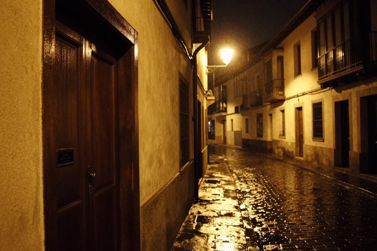 Nighttime Bilbao Spain Street Scene with Condensation on Doorframe and Twine Fibers in in Bilbao, Spain