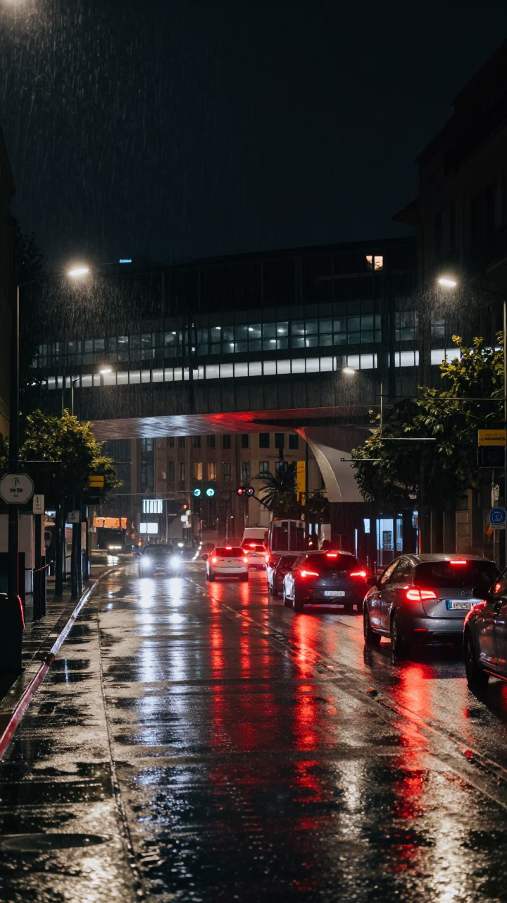 Nighttime Bilbao Spain Street Scene with Rain-Slicked Overpass Interchange Glowing with Red Taillights in in Bilbao, Spain