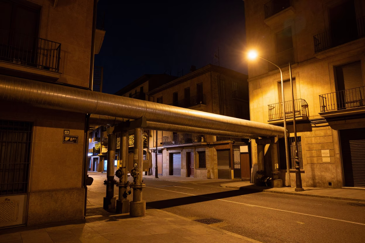 Nighttime Bilbao Street Scene with District Heating Pipes and Concrete Apartment Blocks in Spain in in Bilbao, Spain