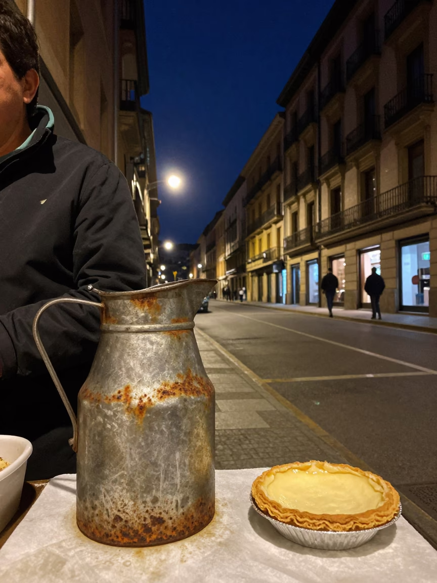Nighttime Bilbao Street Scene with Rusty Pitcher and Tart Tin Under Deep Sky in in Bilbao, Spain