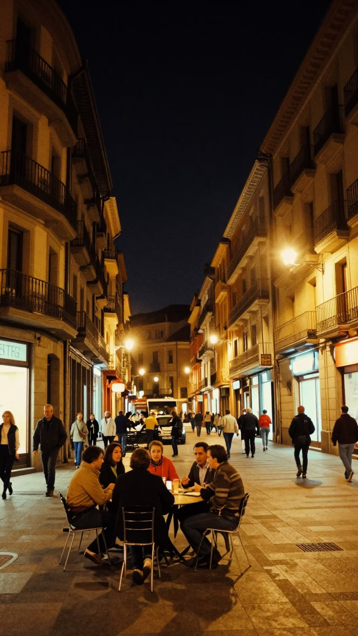 Nighttime Bilbao Street Scene with Vintage 1970s Aesthetic and Local Dining in in Bilbao, Spain