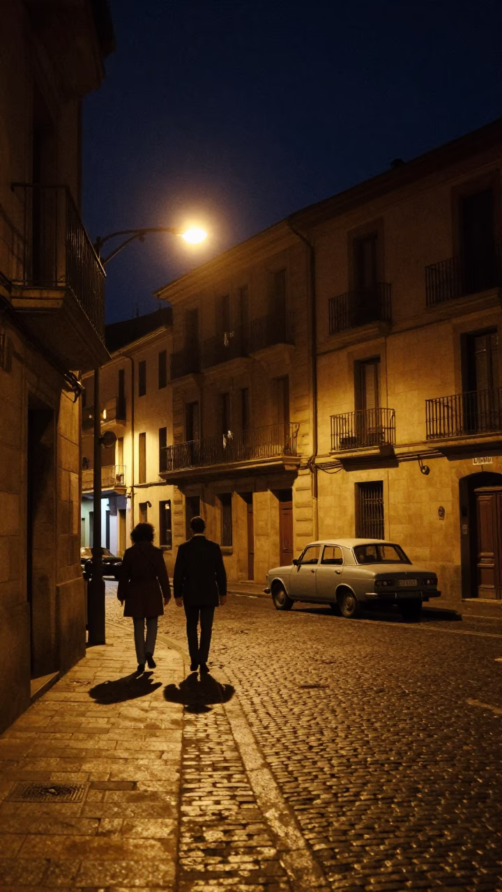 Nighttime Bilbao Street Scene with Vintage 1970s Aesthetic and Local Urban Details in in Bilbao, Spain