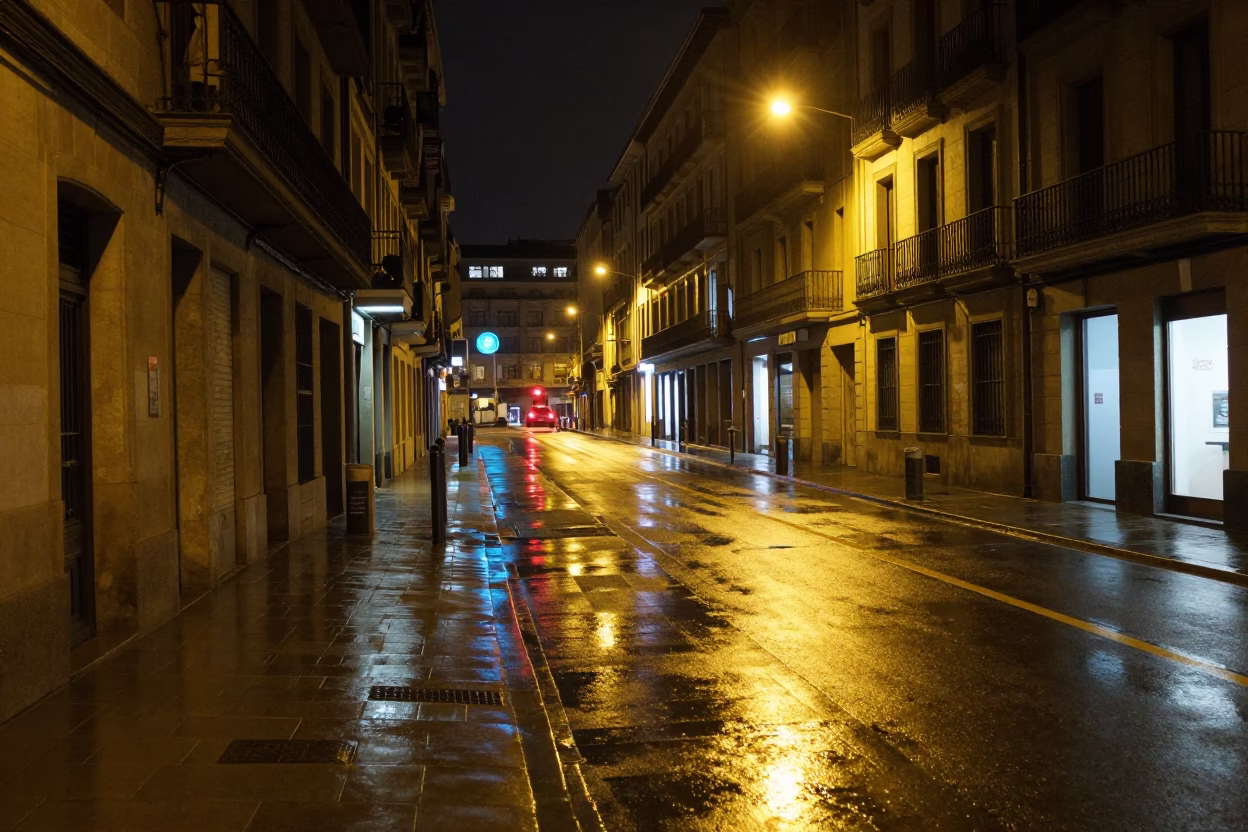 Nighttime Bilbao street scene with wet pavement reflections and urban architecture in in Bilbao, Spain