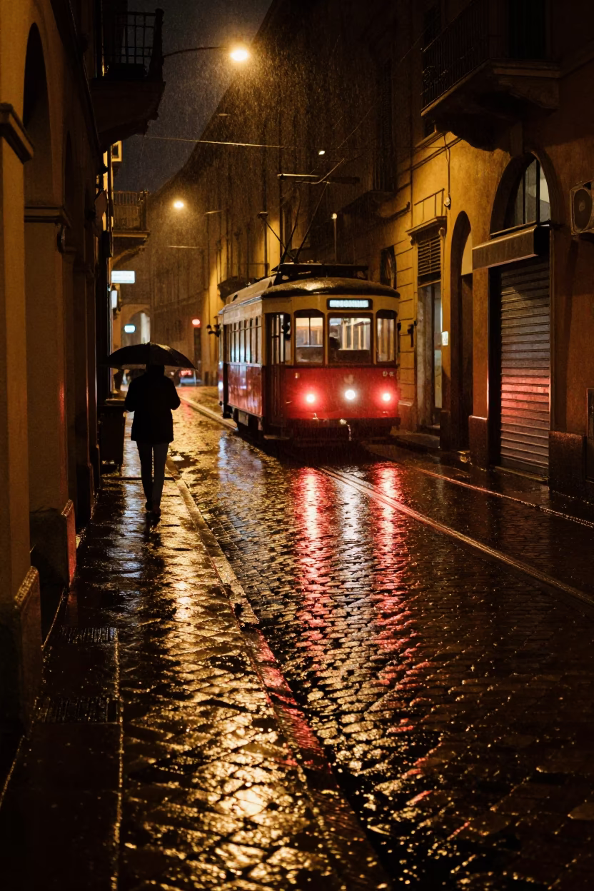 Nighttime Bologna Cobblestone Street Reflections Tramcar Rain and Urban Life in in Bologna, Italy