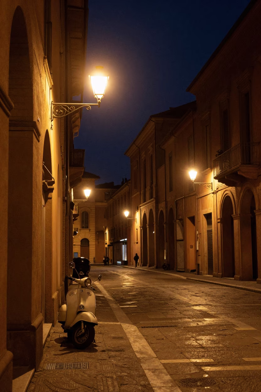 Nighttime Bologna Italy Street Scene with Vintage 1970s Aesthetic and Local Life in in Bologna, Italy