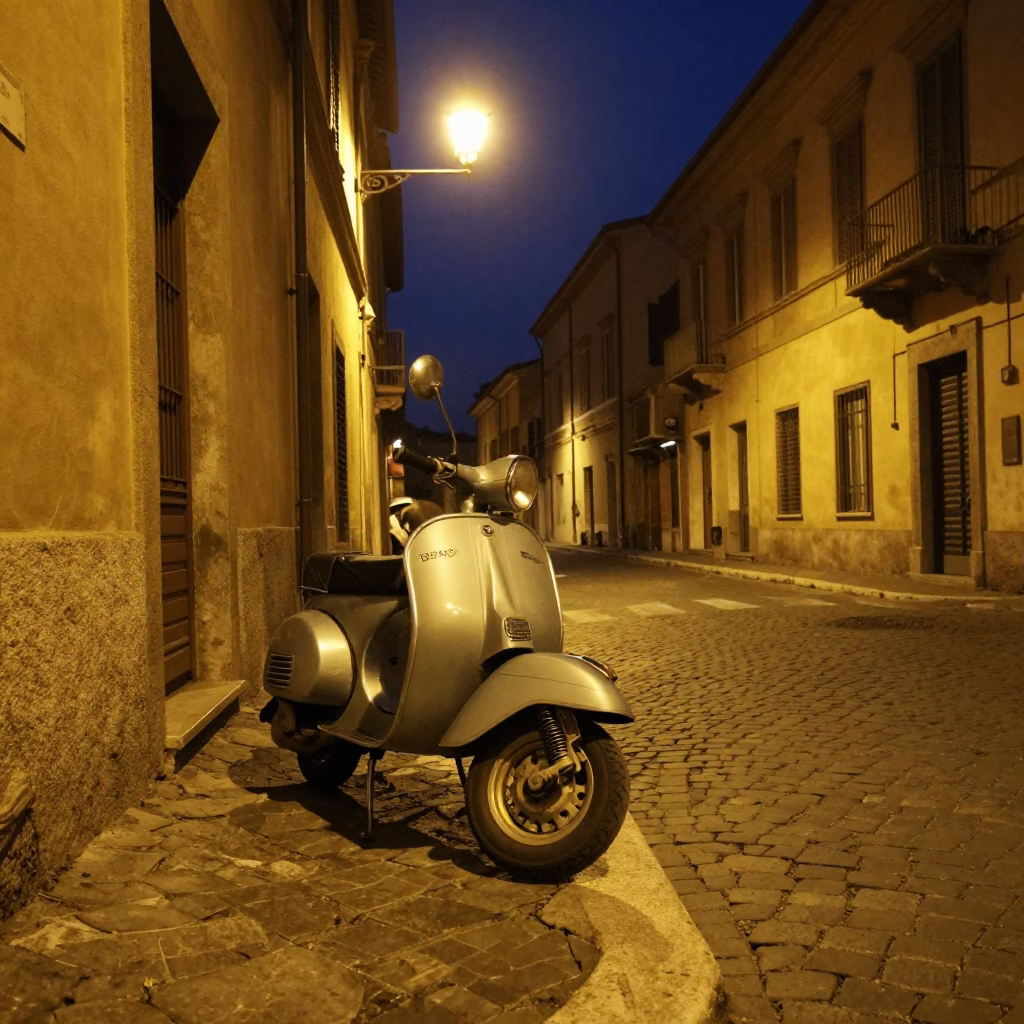 Nighttime Bologna Italy Street Scene with Vintage Scooter and Cobblestone Piazza in in Bologna, Italy