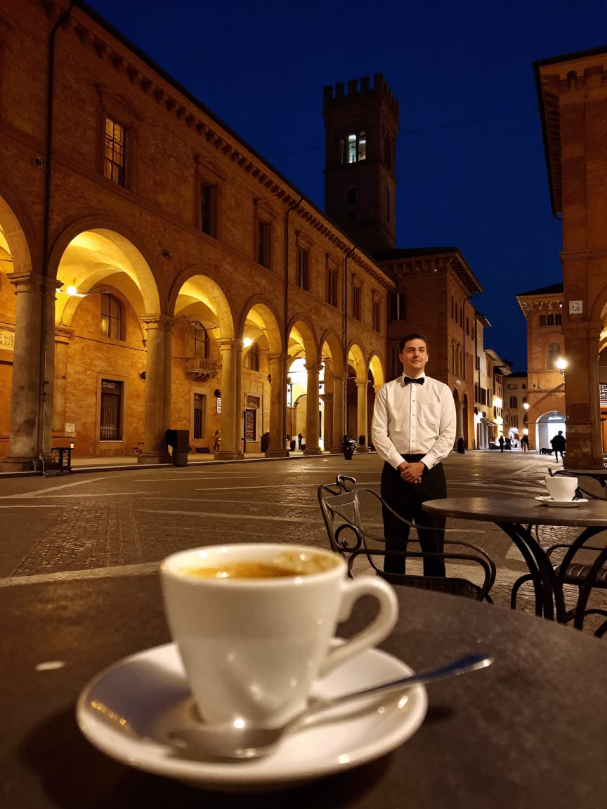 Nighttime Bologna Piazza Maggiore Street Scene with Espresso Cup and Illuminated Architraves in in Bologna, Italy