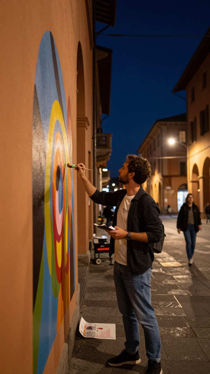 Nighttime Bologna Street Scene with Artist Painting Mural Under Deep Sky in in Bologna, Italy