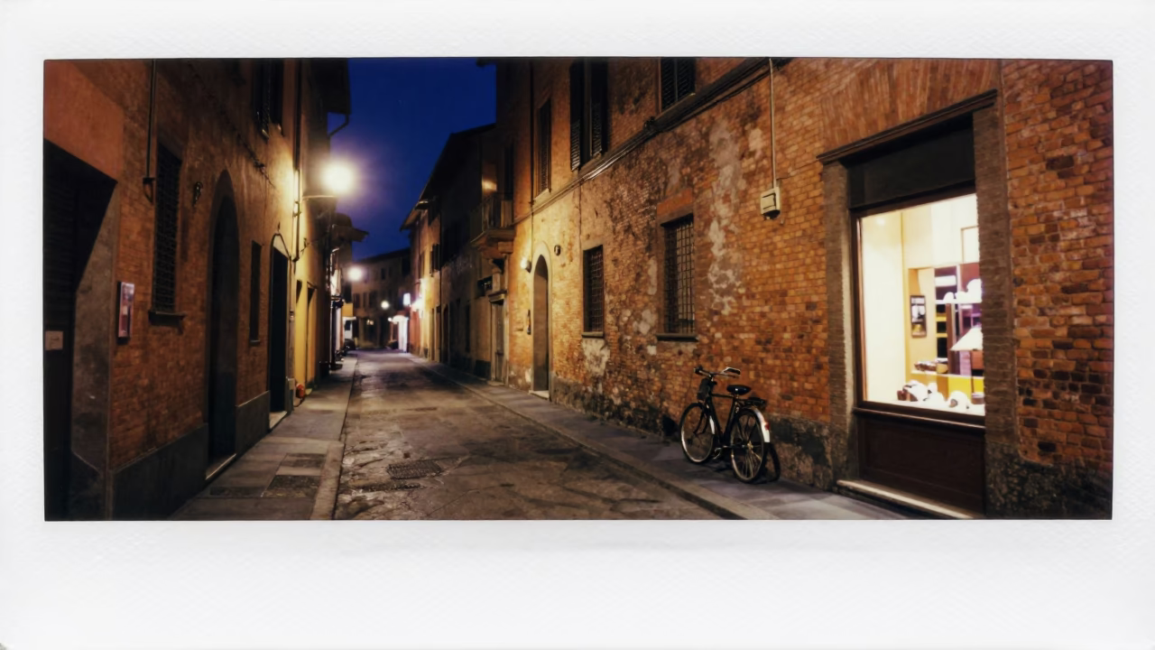 Nighttime Bologna Street Scene with Colorful Vintage Details and Local Life in in Bologna, Italy
