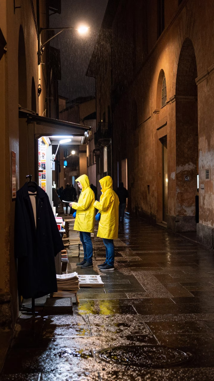 Nighttime Bologna street scene with raincoats and newspaper stacks in in Bologna, Italy
