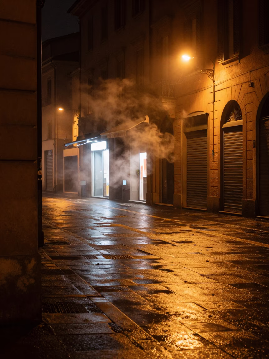Nighttime Bologna Street Scene with Steam Haze and Urban Details in in Bologna, Italy